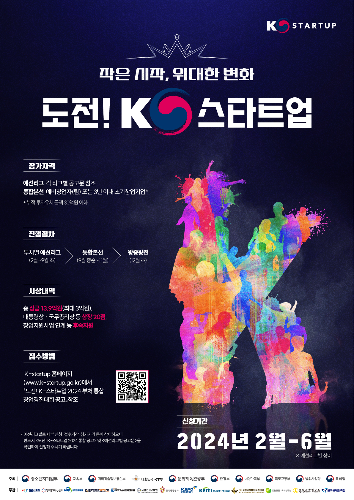 『도전! K-스타트업 2024』 부처 통합 창업경진대회 통합 공고 포스터 - 자세한 내용은 하단 참조